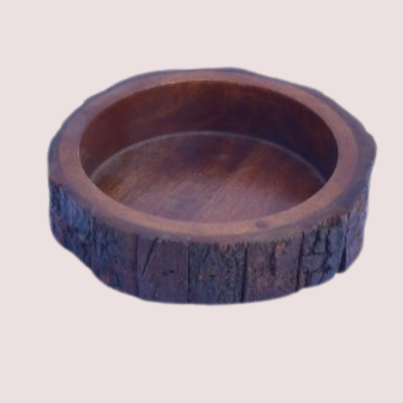 Tahura TAH 3006 Wooden Bowl with Outside Chall & Inside Handicraft Design - Artistic Dining Accessory for Pets