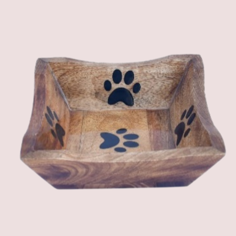 Tahura TAH 3009 Square Shape Wooden Bowl with Inside Handicraft Design - Artistic Dining Accessory for Pets